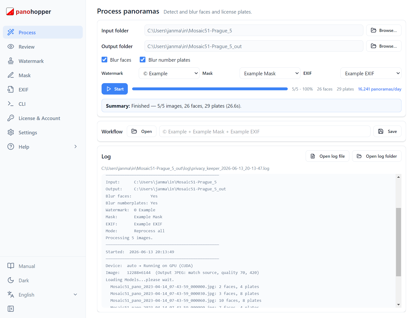 Privacy Keeper desktop app processing a batch of 360° panoramas
