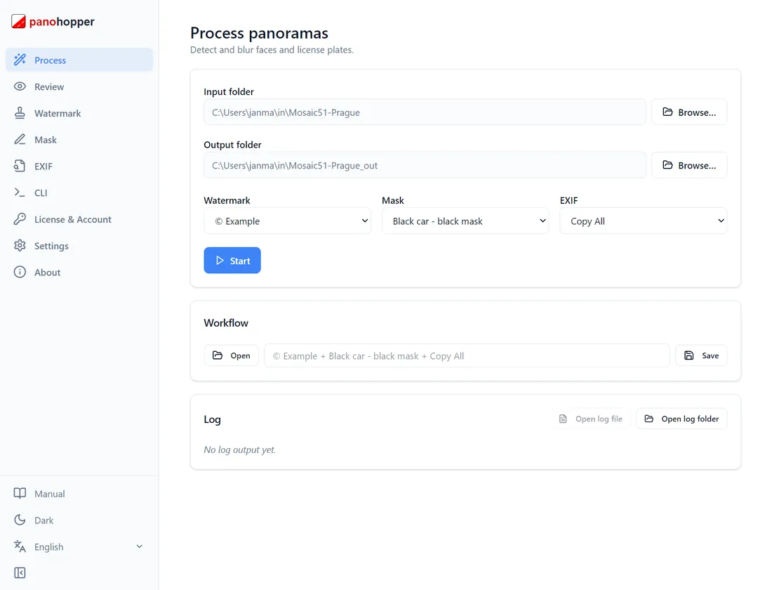 Privacy Keeper desktop app processing a batch of 360° panoramas