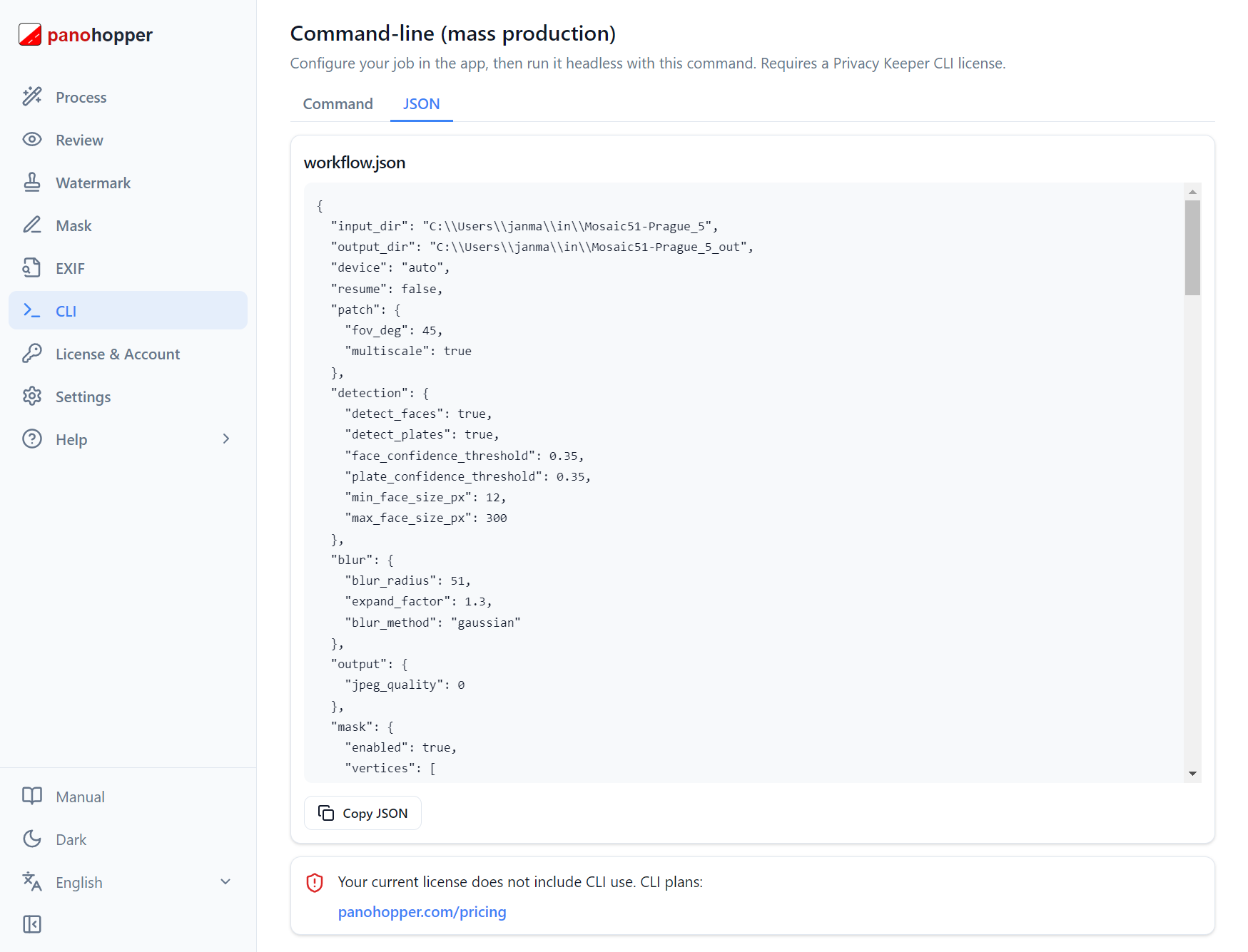 Privacy Keeper CLI JSON configuration screen for reusable automated workflows