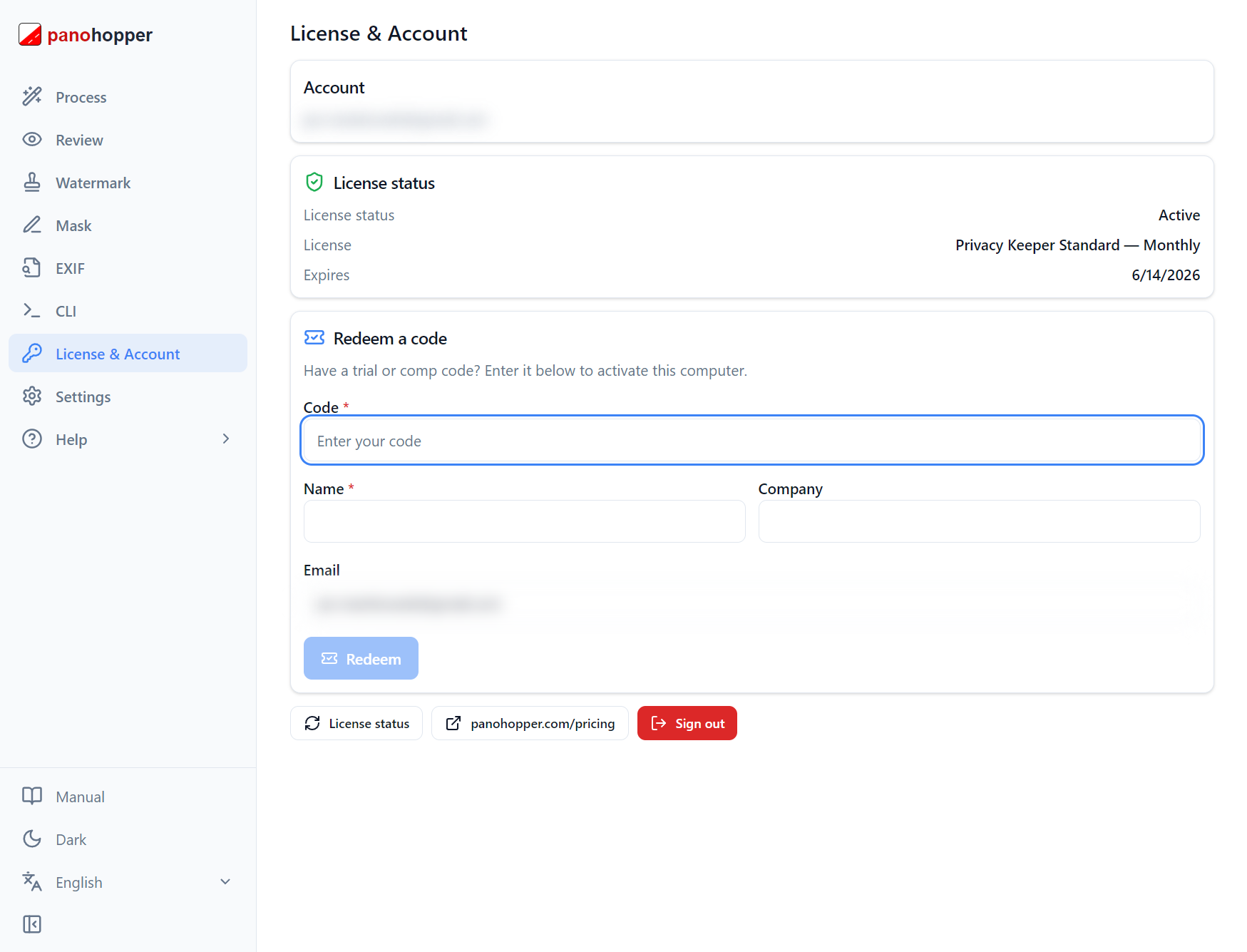 Privacy Keeper License screen for managing product activation